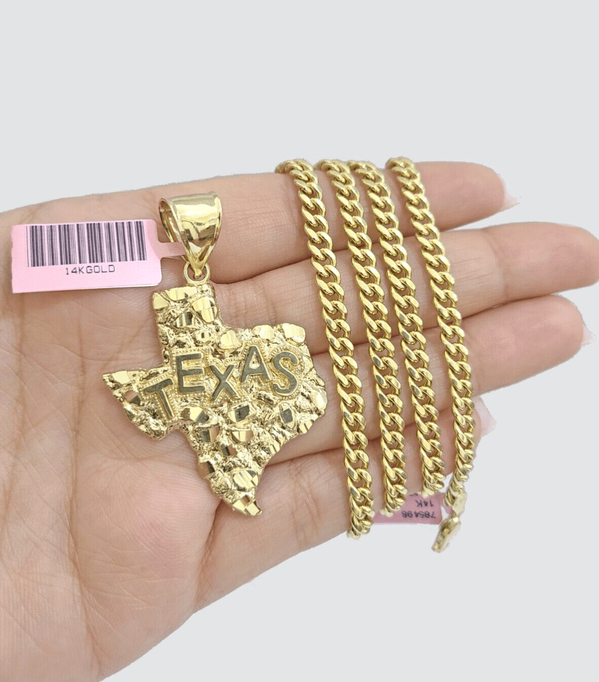 14k Yellow Gold Miami Cuban Chain 24 Inch Necklace Texas Map Charm Pendant Real - GoldenlinQ